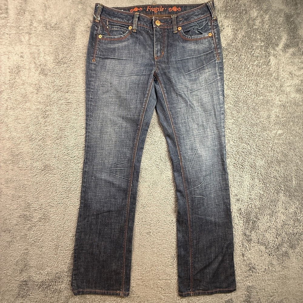Fragile Jeans Womens 11 Y2K Bootcut Low Rise Dark Wash Denim Orange Stitching